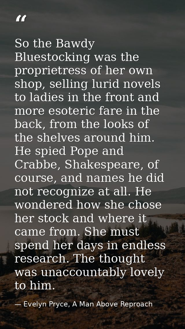 So the Bawdy Bluestocking was the proprietress of her own shop, selling lurid novels to ladies in the front and more eso — Evelyn Pryce, A Man Above Reproach