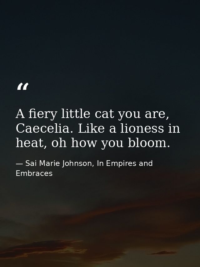 A fiery little cat you are, Caecelia. Like a lioness in heat, oh how you bloom. — Sai Marie Johnson, In Empires and Embraces