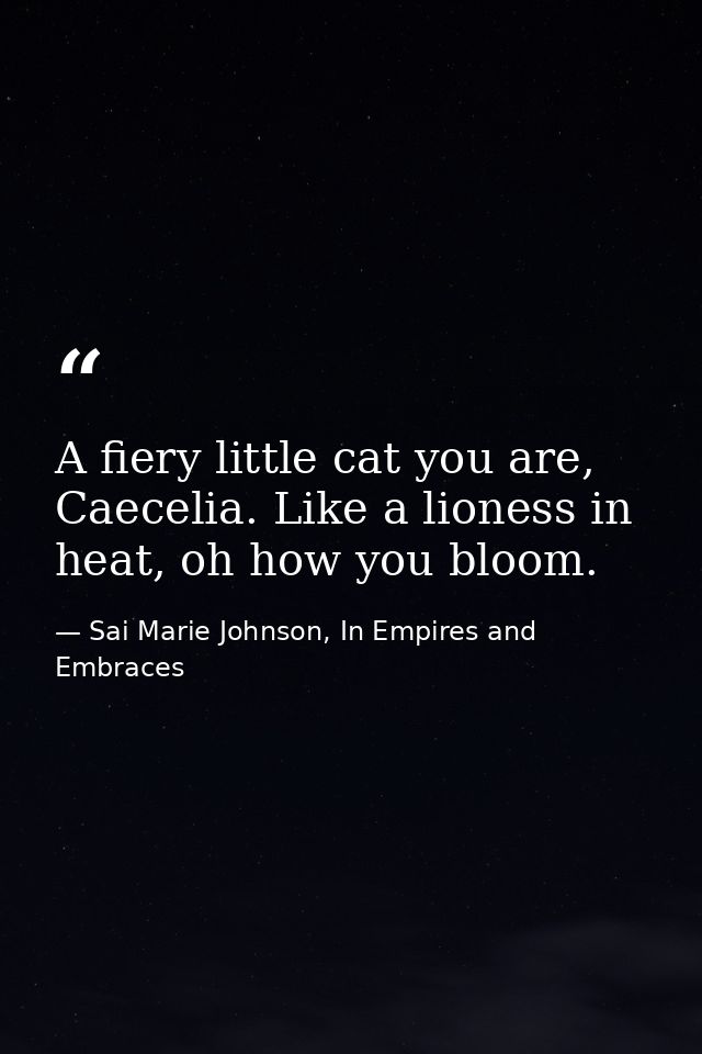 A fiery little cat you are, Caecelia. Like a lioness in heat, oh how you bloom. — Sai Marie Johnson, In Empires and Embraces