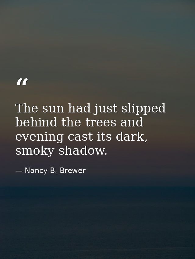 The sun had just slipped behind the trees and evening cast its dark, smoky shadow. — Nancy B. Brewer