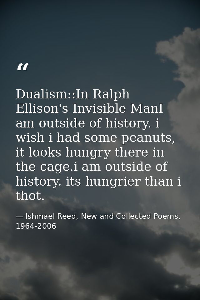 Dualism::In Ralph Ellison's Invisible ManI am outside of history. i wish i had some peanuts, it looks hungry there in th — Ishmael Reed, New and Collected Poems, 1964-2006