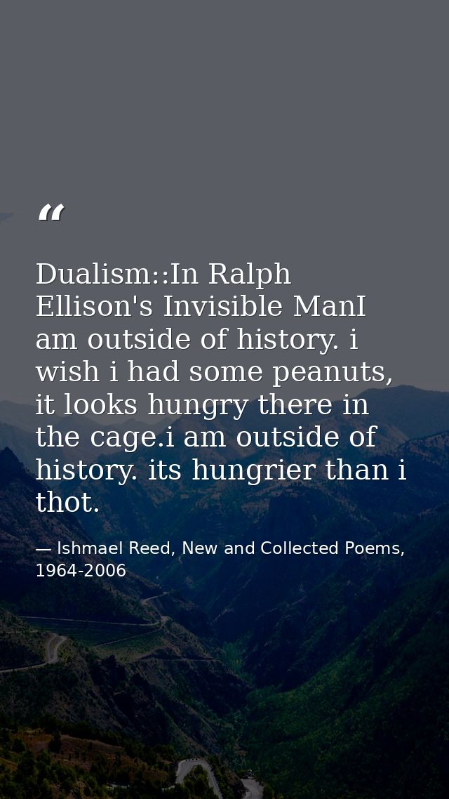 Dualism::In Ralph Ellison's Invisible ManI am outside of history. i wish i had some peanuts, it looks hungry there in th — Ishmael Reed, New and Collected Poems, 1964-2006