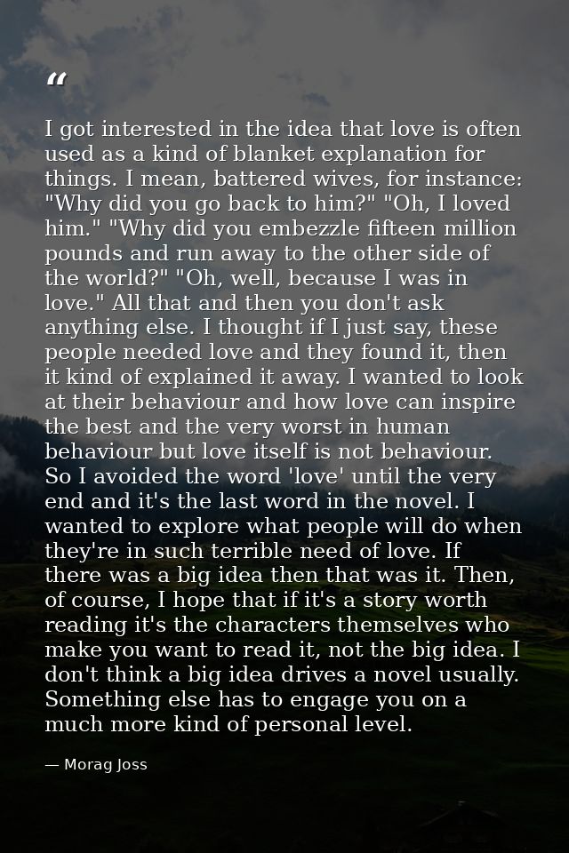 I got interested in the idea that love is often used as a kind of blanket explanation for things. I mean, battered wives — Morag Joss