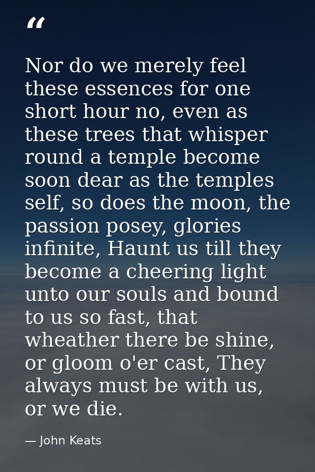 Nor do we merely feel these essences for one short hour no, even as these trees that whisper round a temple become soon  — John Keats