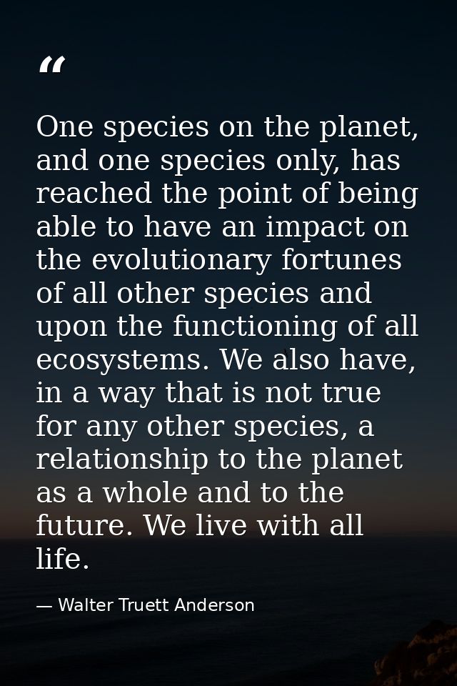 One species on the planet, and one species only, has reached the point of being able to have an impact on the evolutiona — Walter Truett Anderson