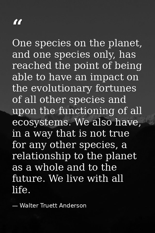 One species on the planet, and one species only, has reached the point of being able to have an impact on the evolutiona — Walter Truett Anderson