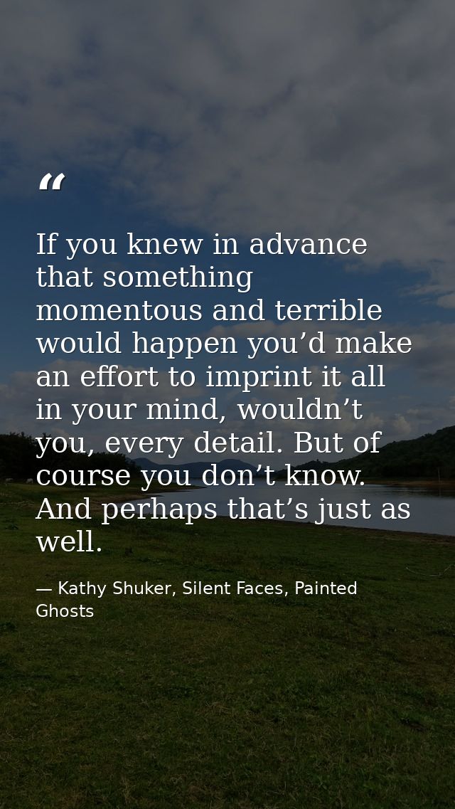 If you knew in advance that something momentous and terrible would happen you’d make an effort to imprint it all in your — Kathy Shuker, Silent Faces, Painted Ghosts