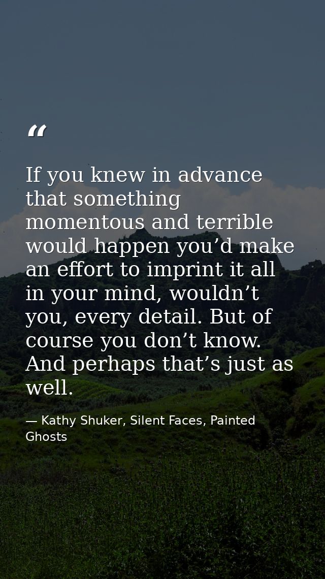If you knew in advance that something momentous and terrible would happen you’d make an effort to imprint it all in your — Kathy Shuker, Silent Faces, Painted Ghosts