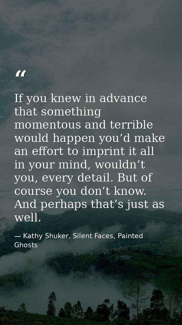 If you knew in advance that something momentous and terrible would happen you’d make an effort to imprint it all in your — Kathy Shuker, Silent Faces, Painted Ghosts