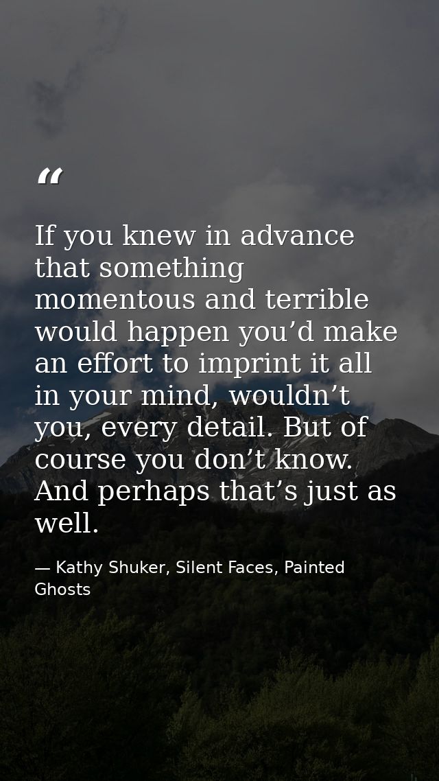 If you knew in advance that something momentous and terrible would happen you’d make an effort to imprint it all in your — Kathy Shuker, Silent Faces, Painted Ghosts