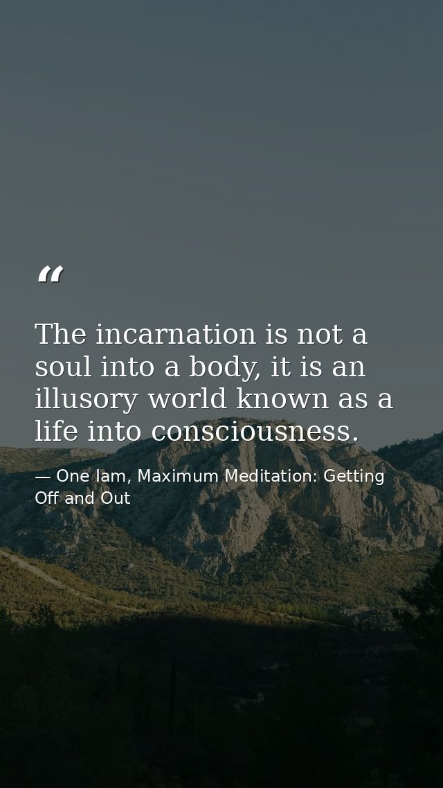 The incarnation is not a soul into a body, it is an illusory world known as a life into consciousness. — One Iam, Maximum Meditation: Getting Off and Out