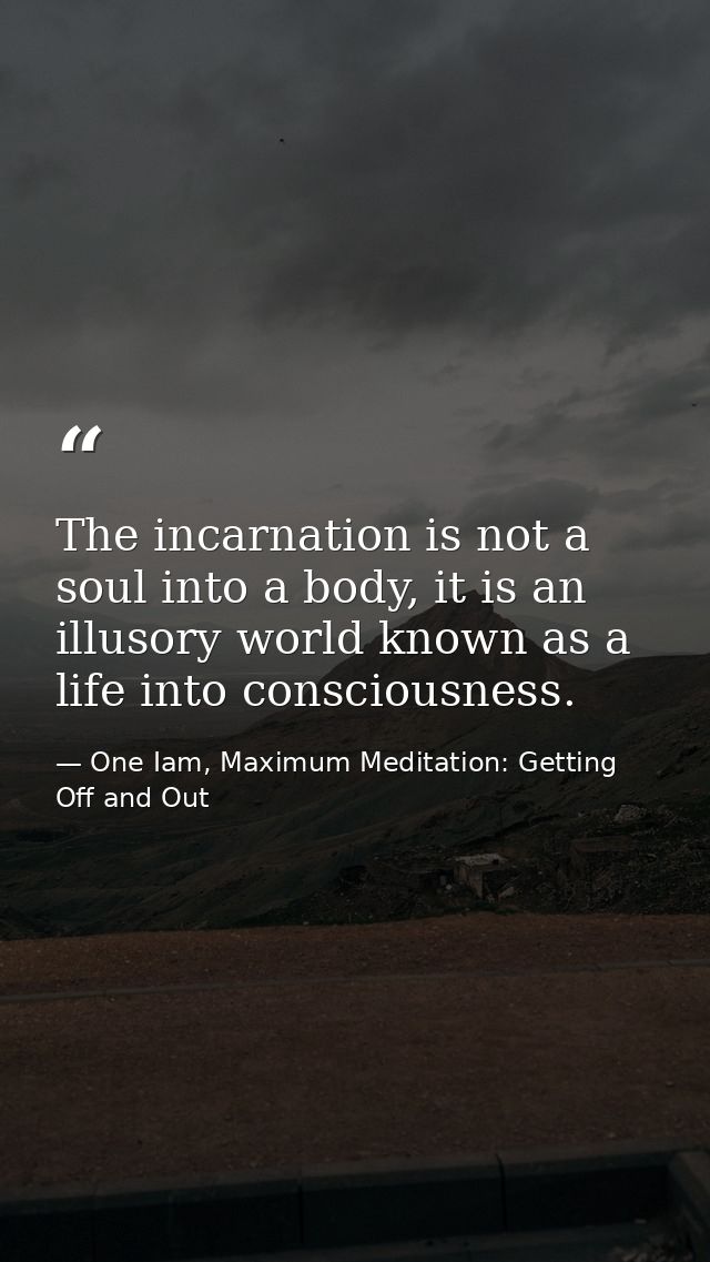 The incarnation is not a soul into a body, it is an illusory world known as a life into consciousness. — One Iam, Maximum Meditation: Getting Off and Out
