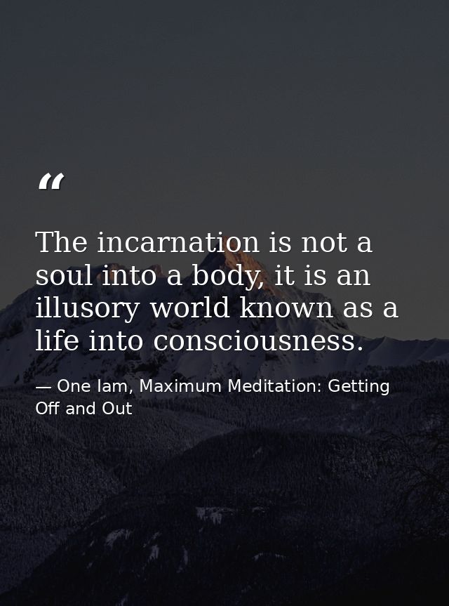 The incarnation is not a soul into a body, it is an illusory world known as a life into consciousness. — One Iam, Maximum Meditation: Getting Off and Out