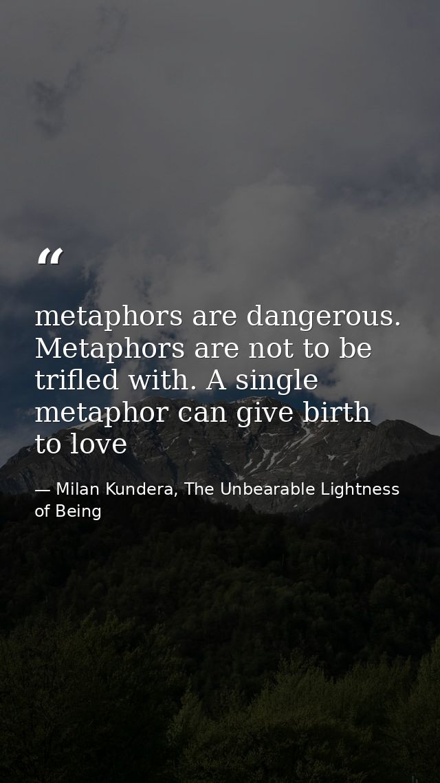 metaphors are dangerous. Metaphors are not to be trifled with. A single metaphor can give birth to love — Milan Kundera, The Unbearable Lightness of Being