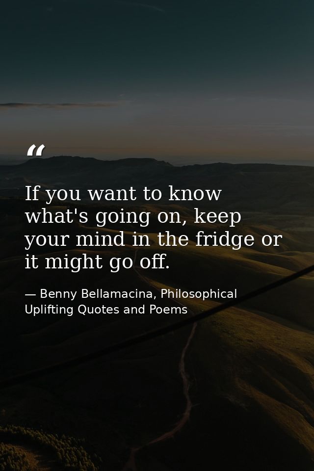 If you want to know what's going on, keep your mind in the fridge or it might go off. — Benny Bellamacina, Philosophical Uplifting Quotes and Poems