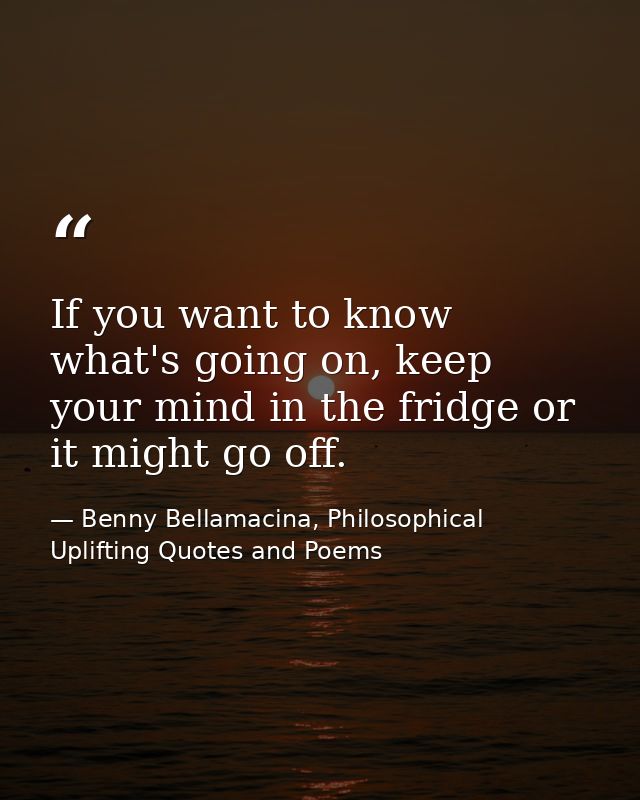 If you want to know what's going on, keep your mind in the fridge or it might go off. — Benny Bellamacina, Philosophical Uplifting Quotes and Poems