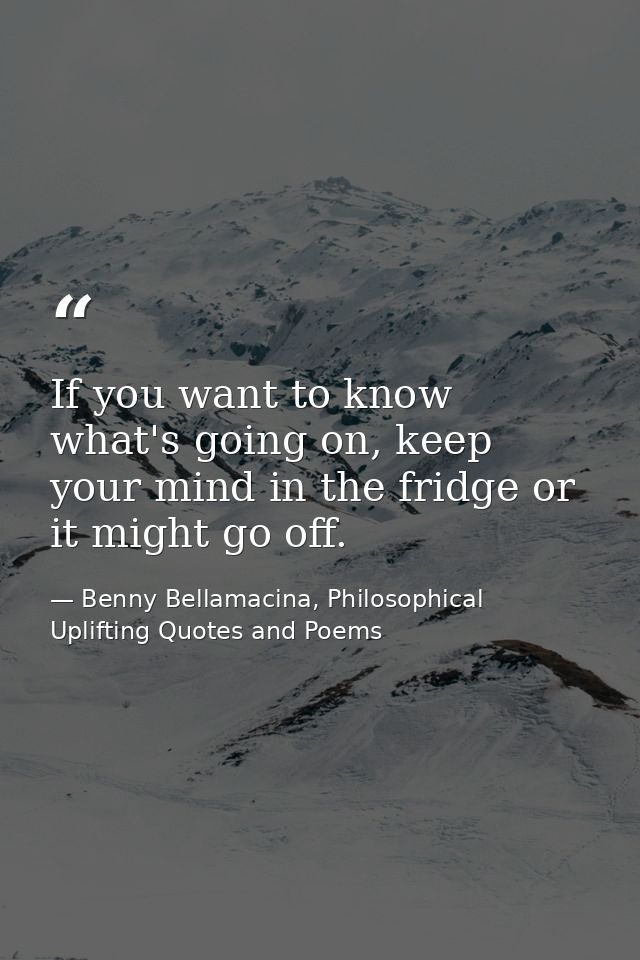 If you want to know what's going on, keep your mind in the fridge or it might go off. — Benny Bellamacina, Philosophical Uplifting Quotes and Poems