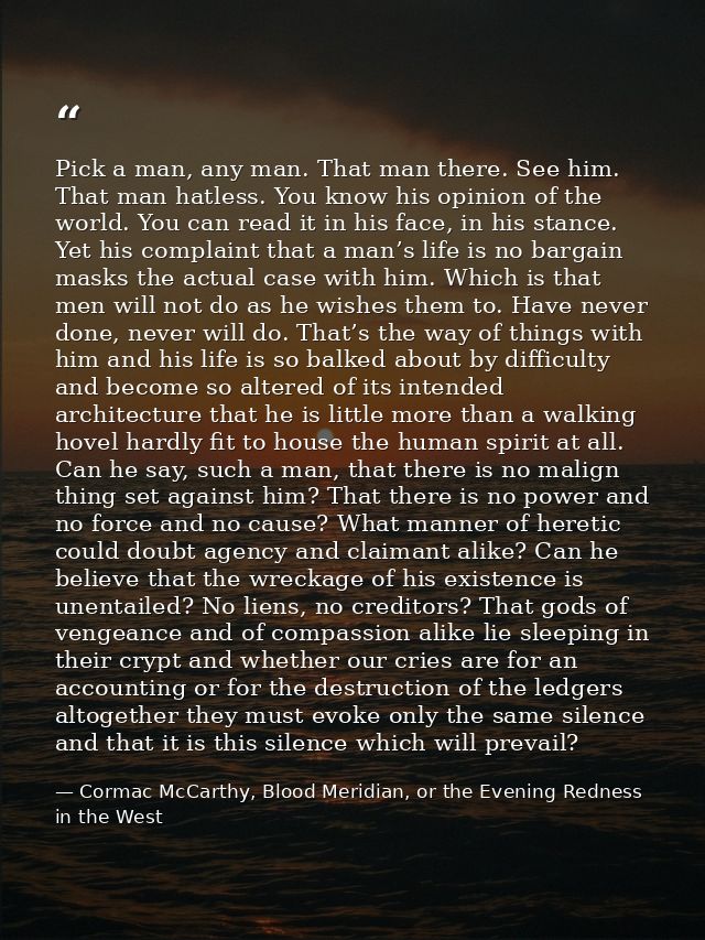 Pick a man, any man. That man there. See him. That man hatless. You know his opinion of the world. You can read it in hi — Cormac McCarthy, Blood Meridian, or the Evening Redness in the West
