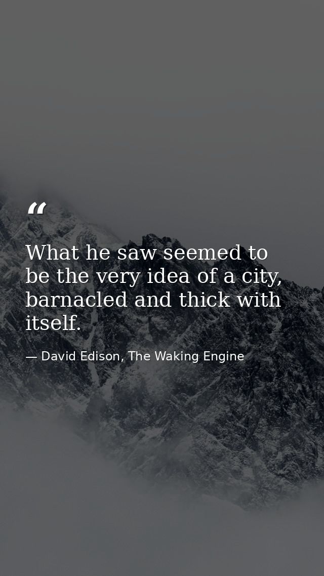 What he saw seemed to be the very idea of a city, barnacled and thick with itself. — David Edison, The Waking Engine