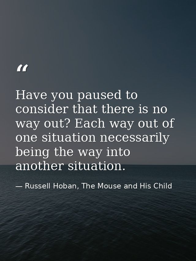 Have you paused to consider that there is no way out? Each way out of one situation necessarily being the way into anoth — Russell Hoban, The Mouse and His Child