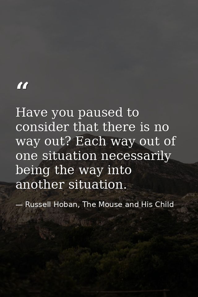 Have you paused to consider that there is no way out? Each way out of one situation necessarily being the way into anoth — Russell Hoban, The Mouse and His Child