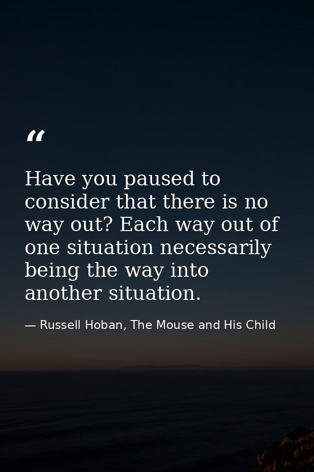 Have you paused to consider that there is no way out? Each way out of one situation necessarily being the way into anoth — Russell Hoban, The Mouse and His Child