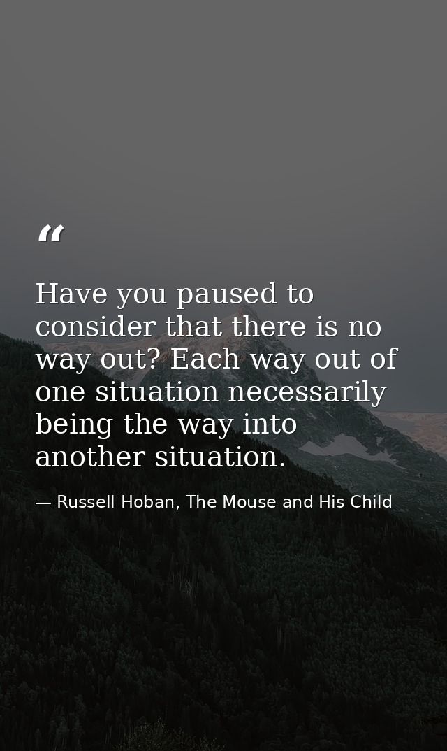 Have you paused to consider that there is no way out? Each way out of one situation necessarily being the way into anoth — Russell Hoban, The Mouse and His Child