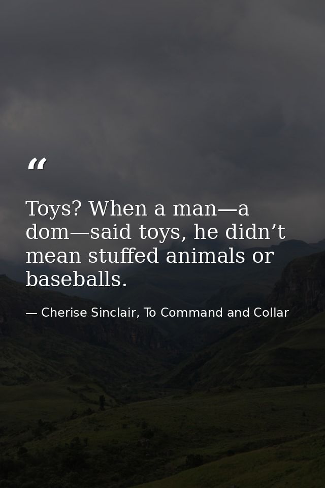Toys? When a man—a dom—said toys, he didn’t mean stuffed animals or baseballs. — Cherise Sinclair, To Command and Collar
