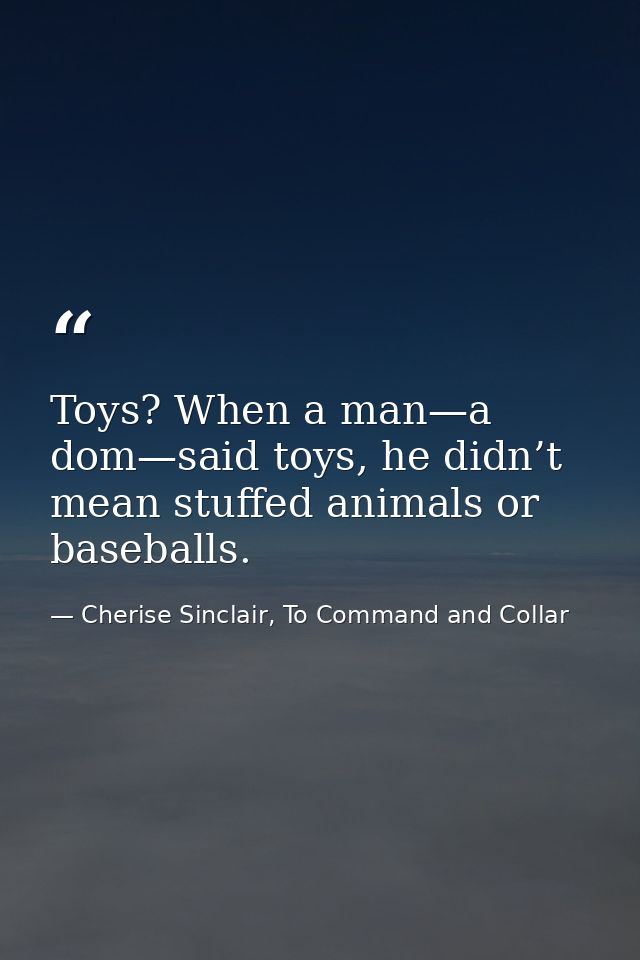 Toys? When a man—a dom—said toys, he didn’t mean stuffed animals or baseballs. — Cherise Sinclair, To Command and Collar