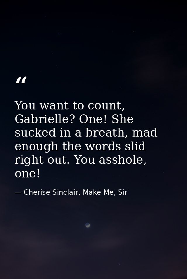 You want to count, Gabrielle? One! She sucked in a breath, mad enough the words slid right out. You asshole, one! — Cherise Sinclair, Make Me, Sir