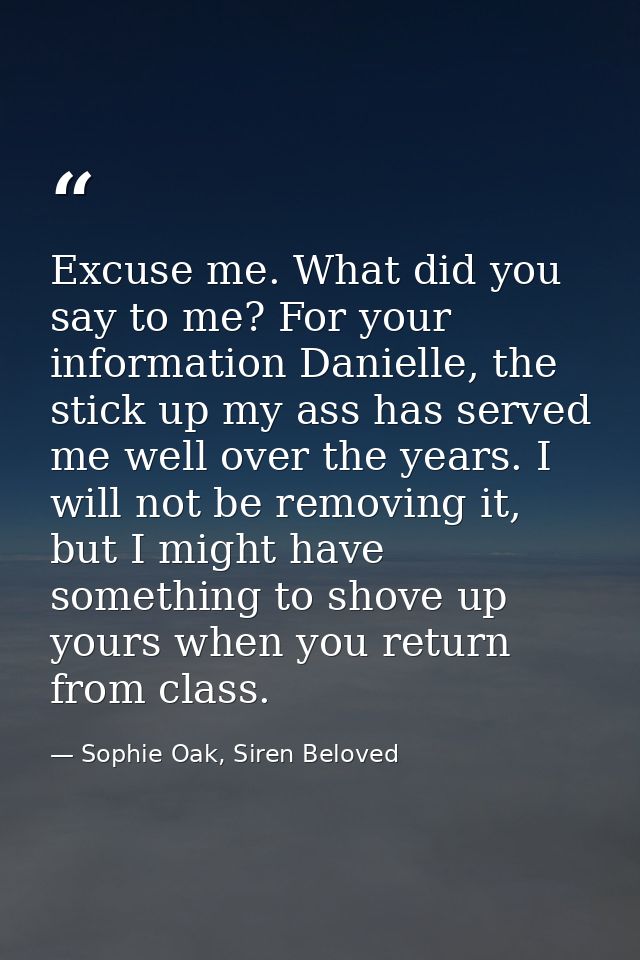 Excuse me. What did you say to me? For your information Danielle, the stick up my ass has served me well over the years. — Sophie Oak, Siren Beloved