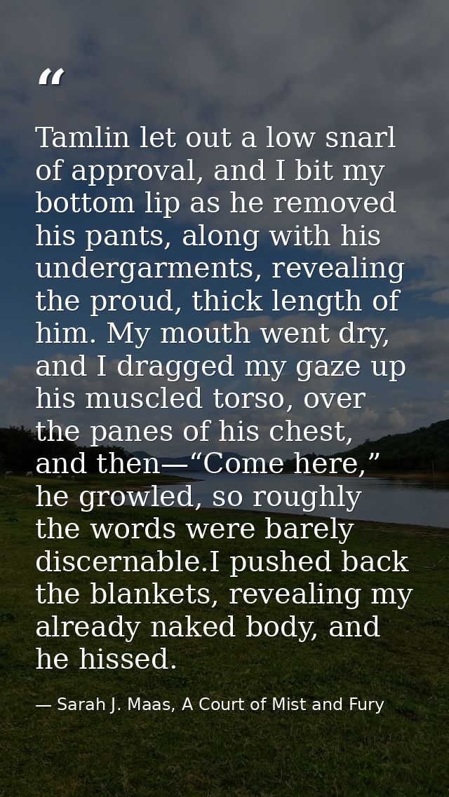 Tamlin let out a low snarl of approval, and I bit my bottom lip as he removed his pants, along with his undergarments, r — Sarah J. Maas, A Court of Mist and Fury