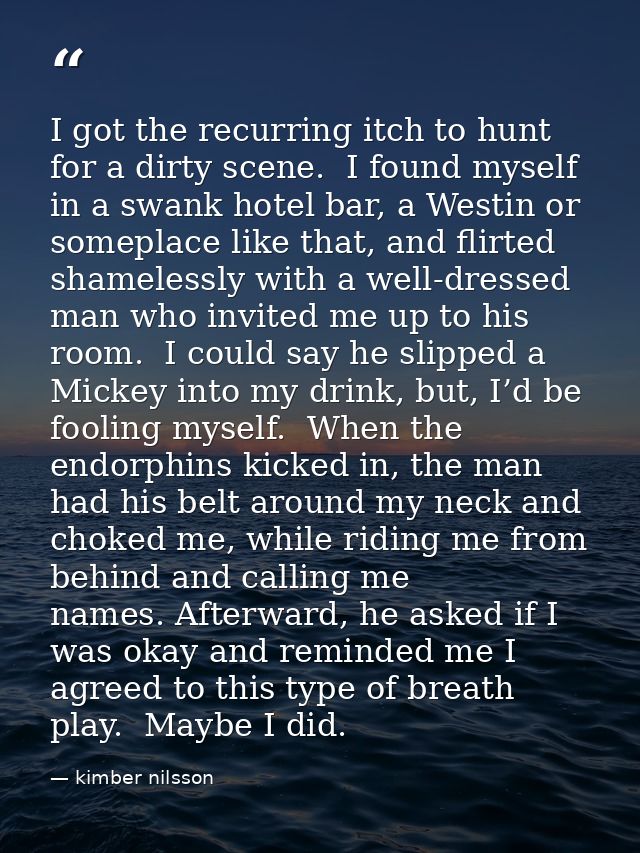 I got the recurring itch to hunt for a dirty scene.  I found myself in a swank hotel bar, a Westin or someplace like tha — kimber nilsson