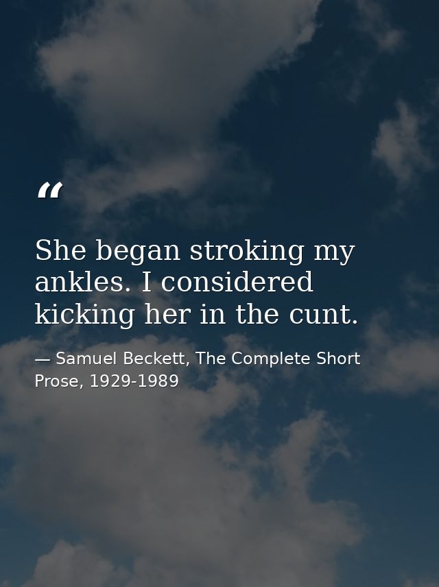She began stroking my ankles. I considered kicking her in the cunt. — Samuel Beckett, The Complete Short Prose, 1929-1989