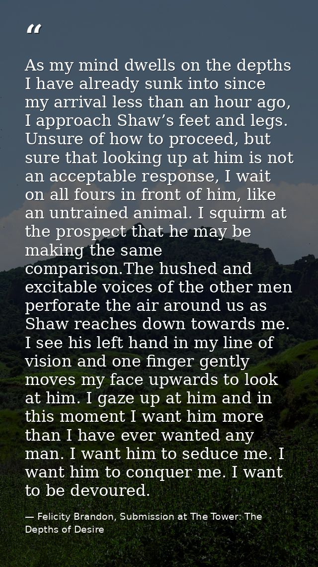 As my mind dwells on the depths I have already sunk into since my arrival less than an hour ago, I approach Shaw’s feet  — Felicity Brandon, Submission at The Tower: The Depths of Desire