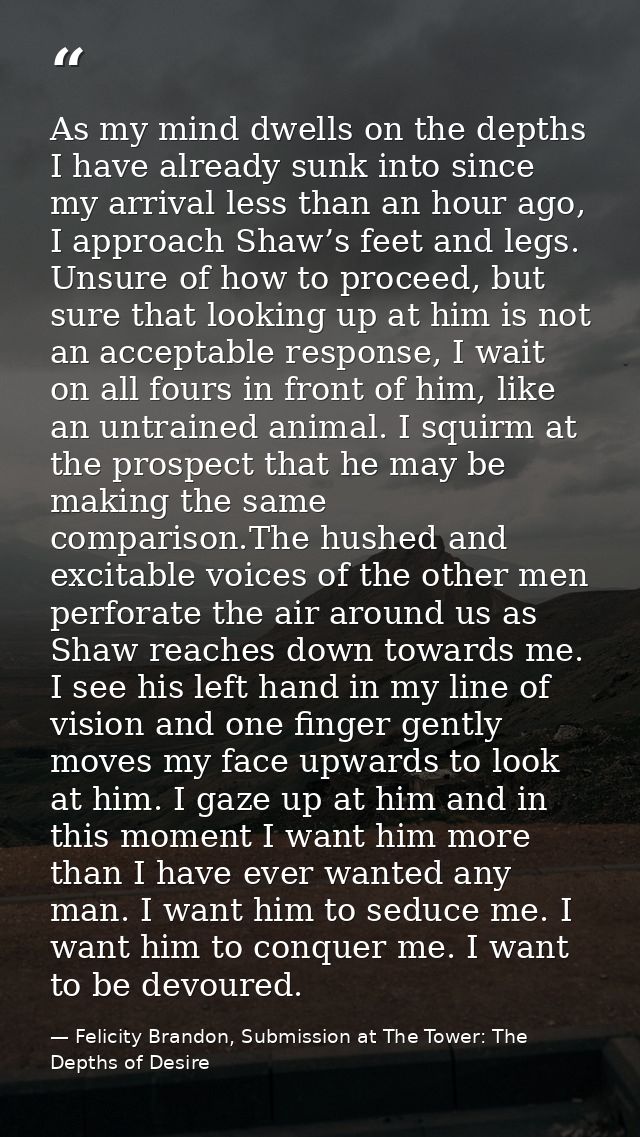 As my mind dwells on the depths I have already sunk into since my arrival less than an hour ago, I approach Shaw’s feet  — Felicity Brandon, Submission at The Tower: The Depths of Desire