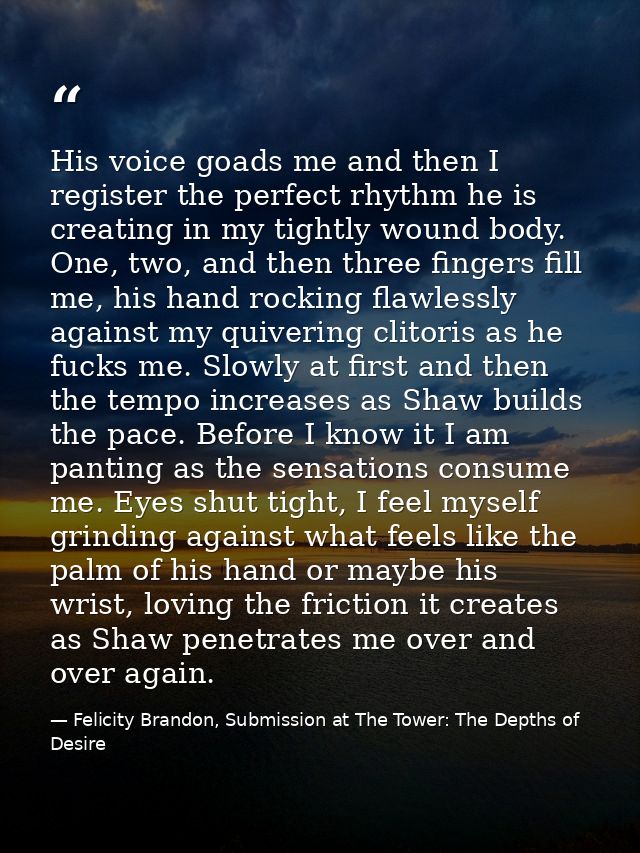 His voice goads me and then I register the perfect rhythm he is creating in my tightly wound body. One, two, and then th — Felicity Brandon, Submission at The Tower: The Depths of Desire