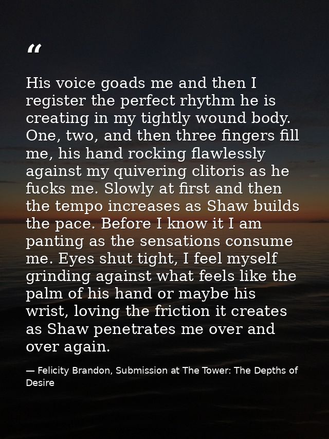 His voice goads me and then I register the perfect rhythm he is creating in my tightly wound body. One, two, and then th — Felicity Brandon, Submission at The Tower: The Depths of Desire