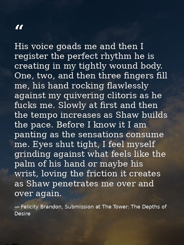 His voice goads me and then I register the perfect rhythm he is creating in my tightly wound body. One, two, and then th — Felicity Brandon, Submission at The Tower: The Depths of Desire