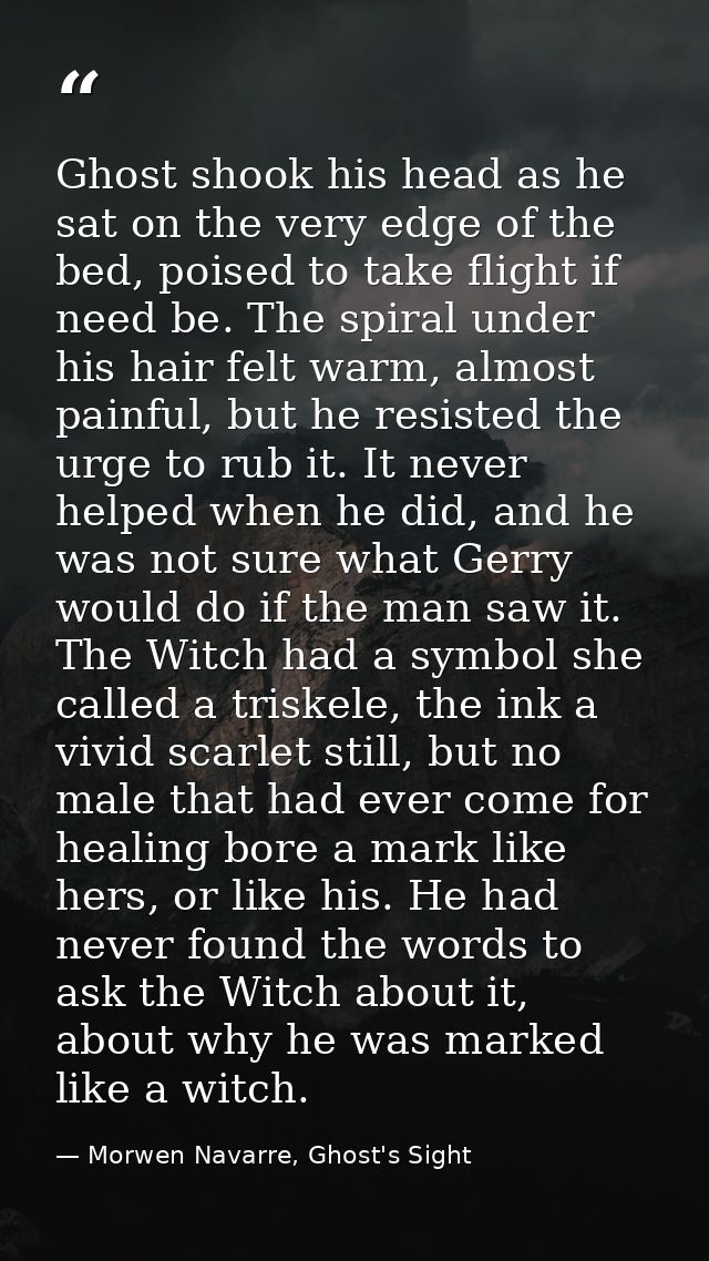Ghost shook his head as he sat on the very edge of the bed, poised to take flight if need be. The spiral under his hair  — Morwen Navarre, Ghost's Sight