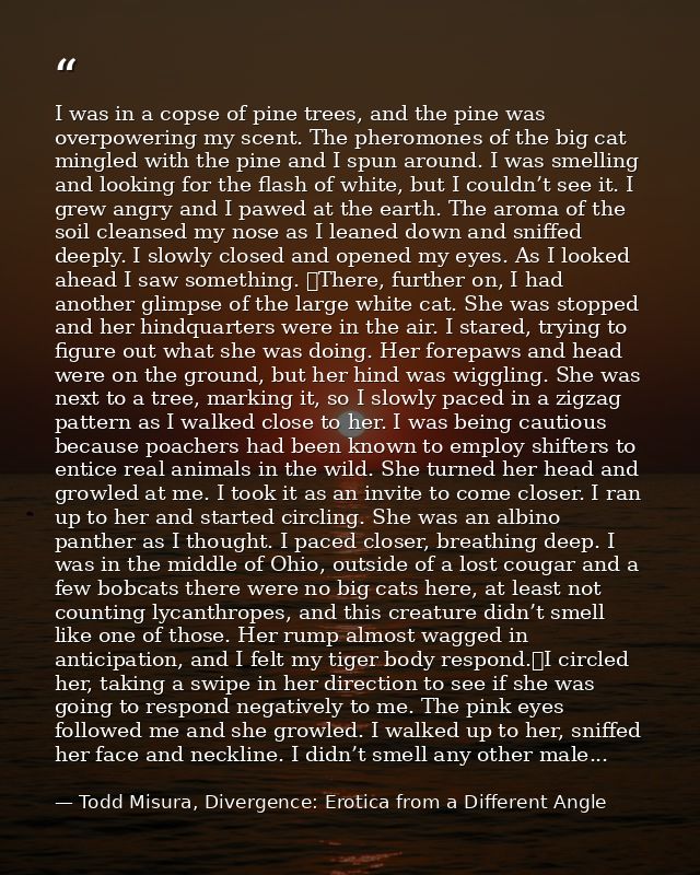 I was in a copse of pine trees, and the pine was overpowering my scent. The pheromones of the big cat mingled with the p — Todd Misura, Divergence: Erotica from a Different Angle