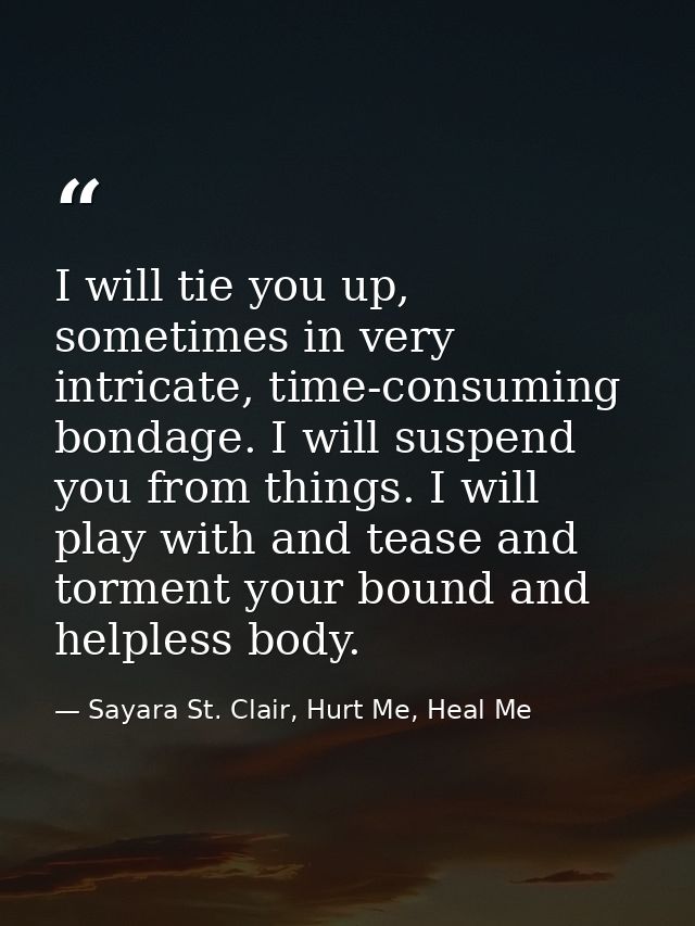 I will tie you up, sometimes in very intricate, time-consuming bondage. I will suspend you from things. I will play with — Sayara St. Clair, Hurt Me, Heal Me