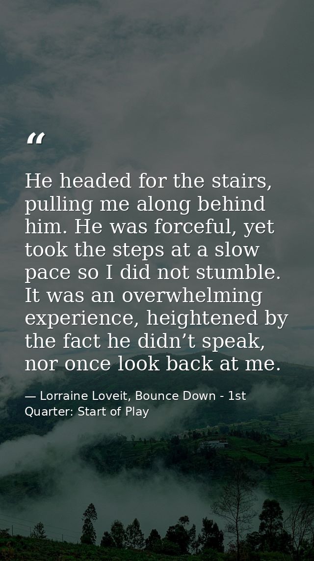 He headed for the stairs, pulling me along behind him. He was forceful, yet took the steps at a slow pace so I did not s — Lorraine Loveit, Bounce Down - 1st Quarter: Start of Play