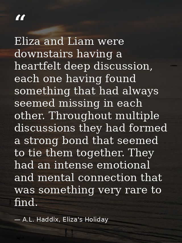 Eliza and Liam were downstairs having a heartfelt deep discussion, each one having found something that had always seeme — A.L. Haddix, Eliza's Holiday