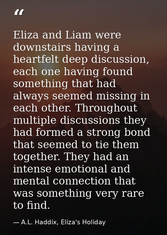 Eliza and Liam were downstairs having a heartfelt deep discussion, each one having found something that had always seeme — A.L. Haddix, Eliza's Holiday