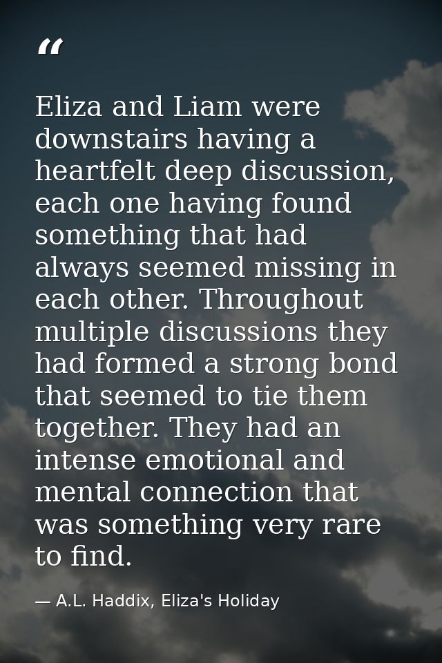 Eliza and Liam were downstairs having a heartfelt deep discussion, each one having found something that had always seeme — A.L. Haddix, Eliza's Holiday
