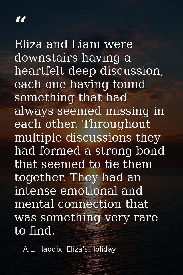 Eliza and Liam were downstairs having a heartfelt deep discussion, each one having found something that had always seeme — A.L. Haddix, Eliza's Holiday