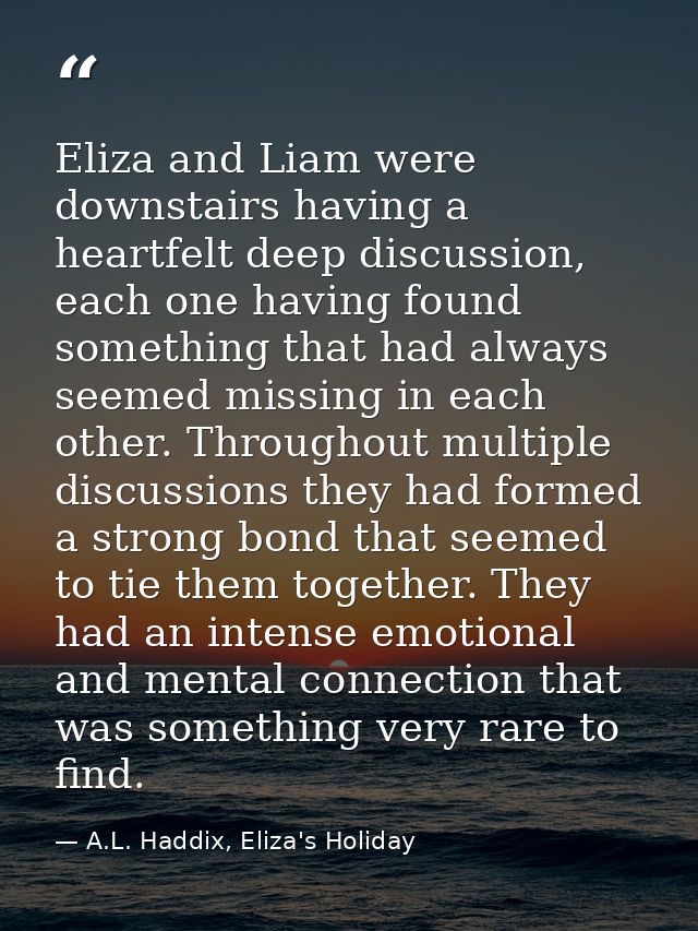 Eliza and Liam were downstairs having a heartfelt deep discussion, each one having found something that had always seeme — A.L. Haddix, Eliza's Holiday