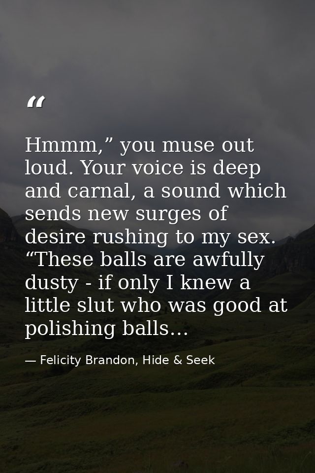 Hmmm,” you muse out loud. Your voice is deep and carnal, a sound which sends new surges of desire rushing to my sex. “Th — Felicity Brandon, Hide & Seek