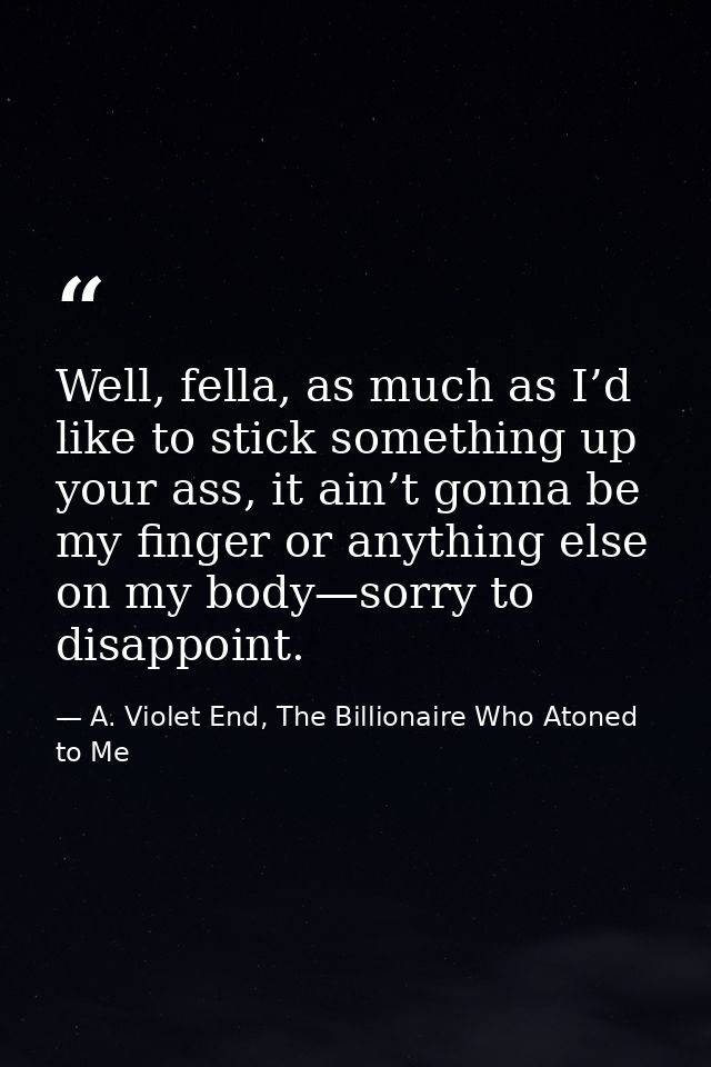 Well, fella, as much as I’d like to stick something up your ass, it ain’t gonna be my finger or anything else on my body — A. Violet End, The Billionaire Who Atoned to Me